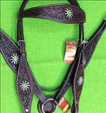 HILASON WESTERN LEATHER HORSE HEADSTALL BREAST COLLAR BROWN W/ BLING SPUR CONCHO