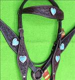 HILASON WESTERN LEATHER HORSE HEADSTALL BREAST COLLAR TURQUOISE HEART CONCHOS
