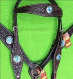 HILASON WESTERN LEATHER HORSE HEADSTALL BREAST COLLAR BROWN TURQUOISE CONCHO