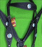 F71 HILASON WESTERN LEATHER HORSE HEADSTALL BREAST COLLAR BLACK TURQUOISE CONCHO