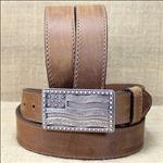 JUSTIN BROWN FLYING HIGH WESTERN LEATHER BELT W/ FLAG BUCKLE MADE IN THE USA