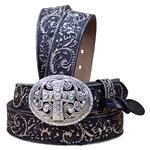 30-40  JUSTIN BLACK VINTAGE CROSS FLORAL TOOL SILVER PLATED LEATHER LADIES BELT