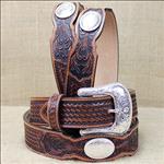 TONY LAMA TAN 1.5  FLORAL TOOLED SILVER PLATED OMAHA COUNTRY LEATHER MENS BELT