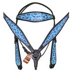 HILASON WESTERN LEATHER HORSE HEADSTALL BREAST COLLAR TURQUOISE BLACK CHEETAH