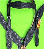 WESTERN LEATHER HORSE BRIDLE HEADSTALL BREAST COLLAR BLACK FLORAL HAND CARVED